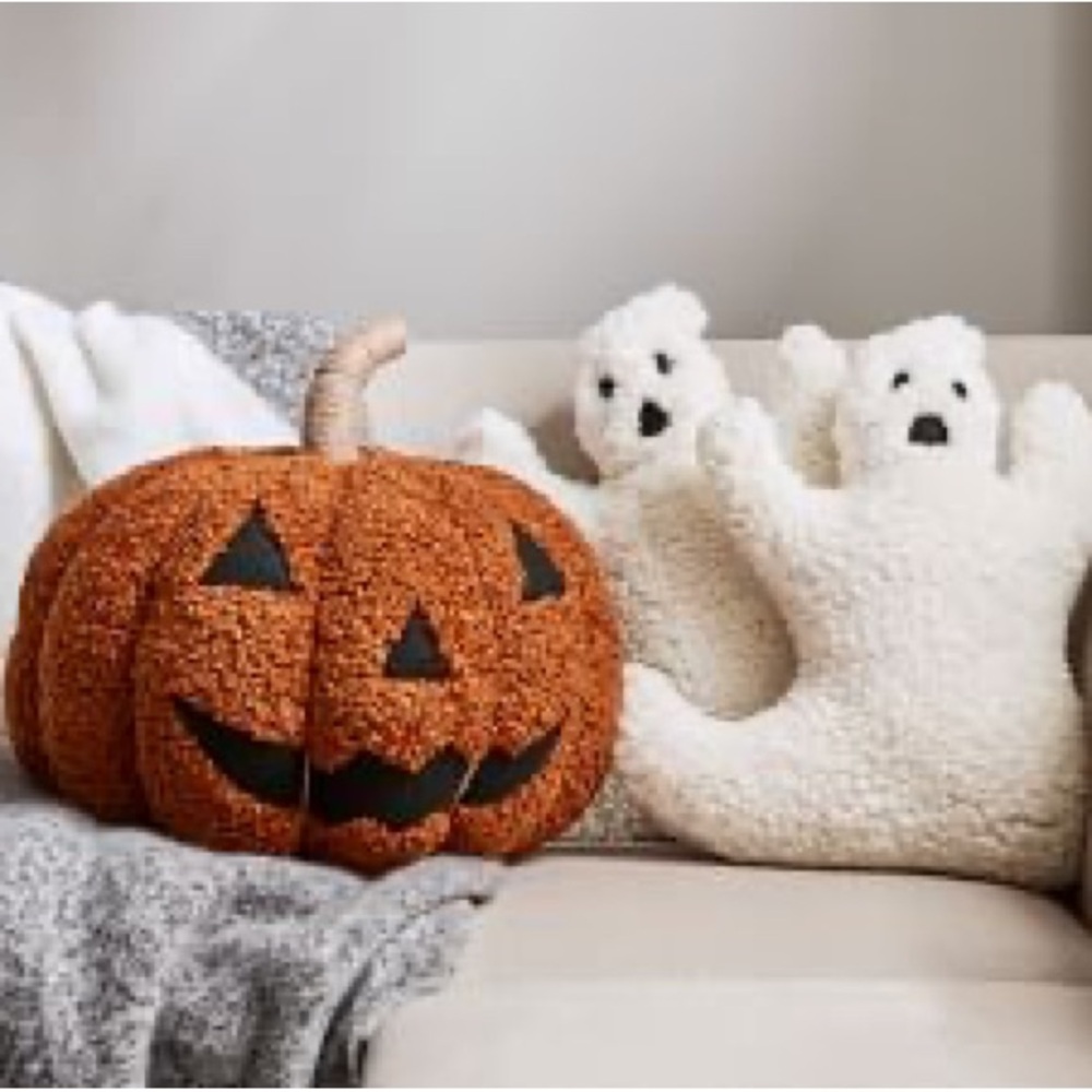 New Pottery Barn White Ghost Shaped Halloween Pillow, 15 X 13”